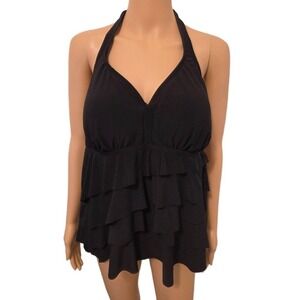 Aqua Green Black Halter Swim Top V Neckline Ruched‎ Bust Ruffle Tankini M/L